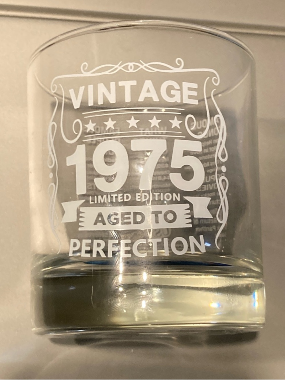 Never Used! 1975 Birth year “vintage-aged to perfection” whiskey lowball glass.